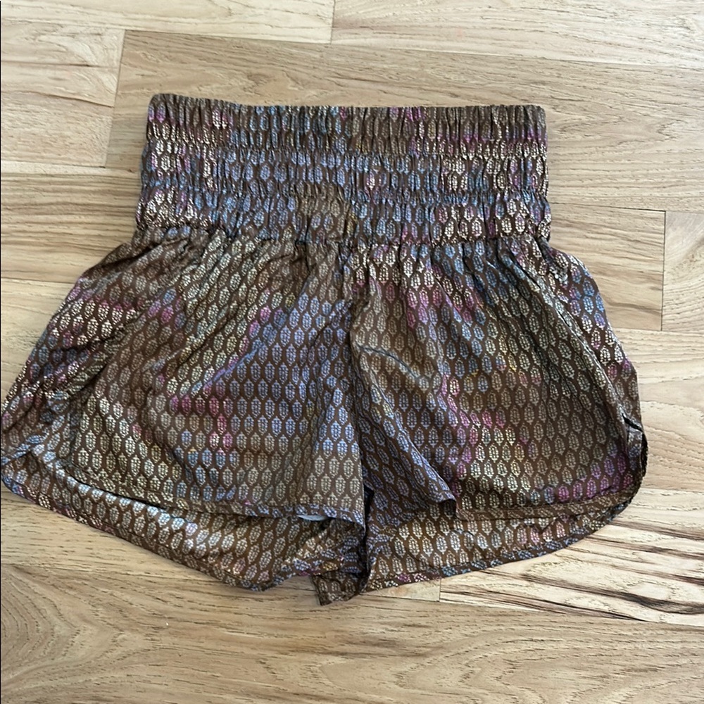 Free People Metallic Brown Patterned Smocked Waist Shorts